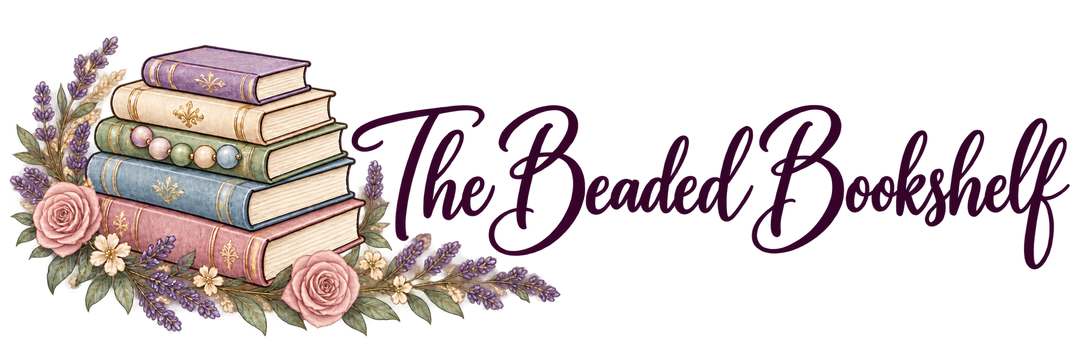The Beaded Bookshelf: a stack of books with beads and pink roses